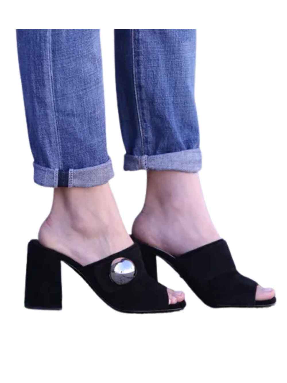 Prada Suede Open Toe Block Heel Mule Slides Black Silver Women's Size 36.5